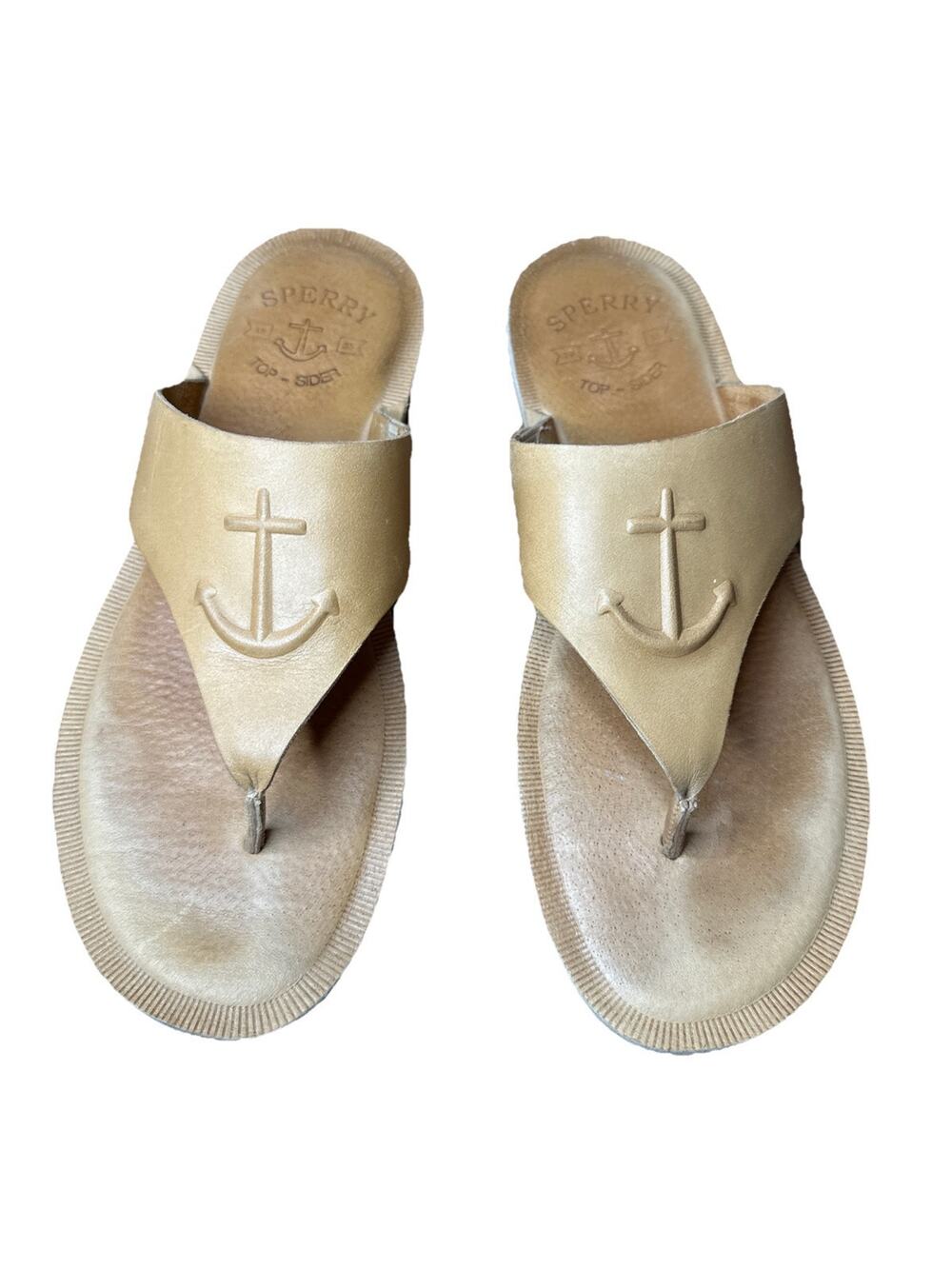 Sperry Seaport Toe Post Thong Sandal Flop Flops Anchor Tan Leather 9.5M